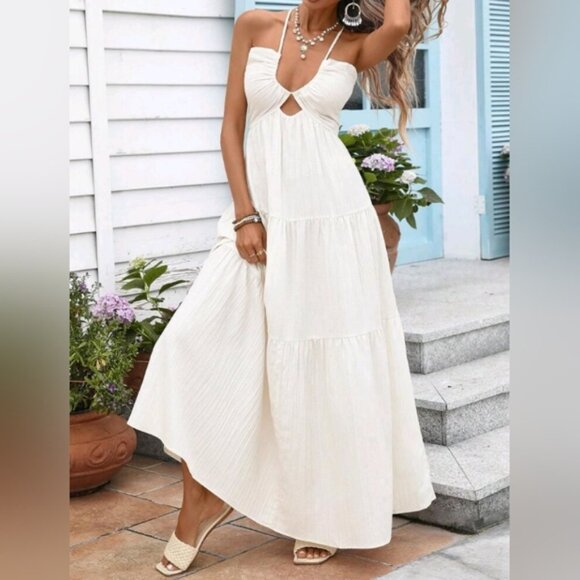 Summer Vacation Romantic Casual Deep V Lace-Up Backless Dress, Sleeveless White - Picture 1 of 7